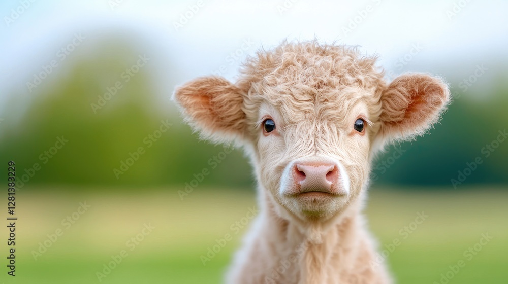 Fluffy Calf Portrait, Pasture Background, Farm Animal Fluffy Calf Portrait, Pasture Background, Farm Animal