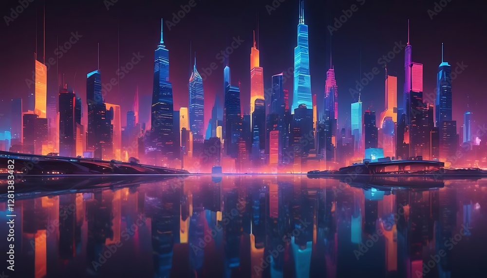 Fototapeta premium A vibrant city skyline reflected in calm and still water