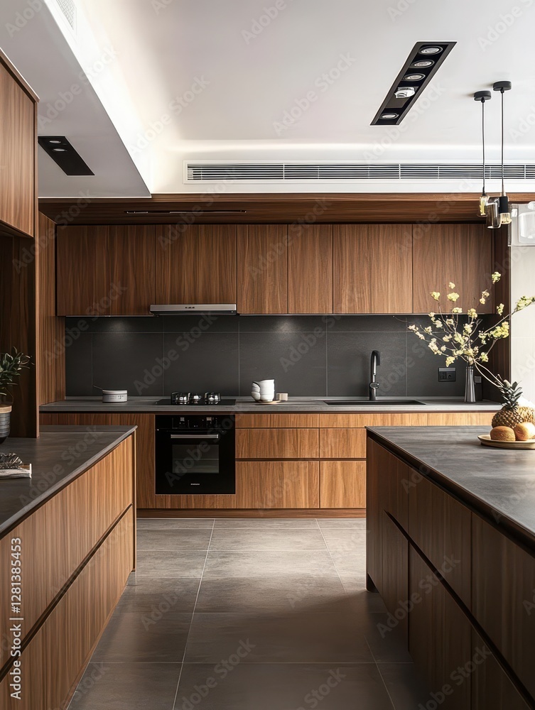 Fototapeta premium Contemporary kitchen features with wood and dark gray cabinets