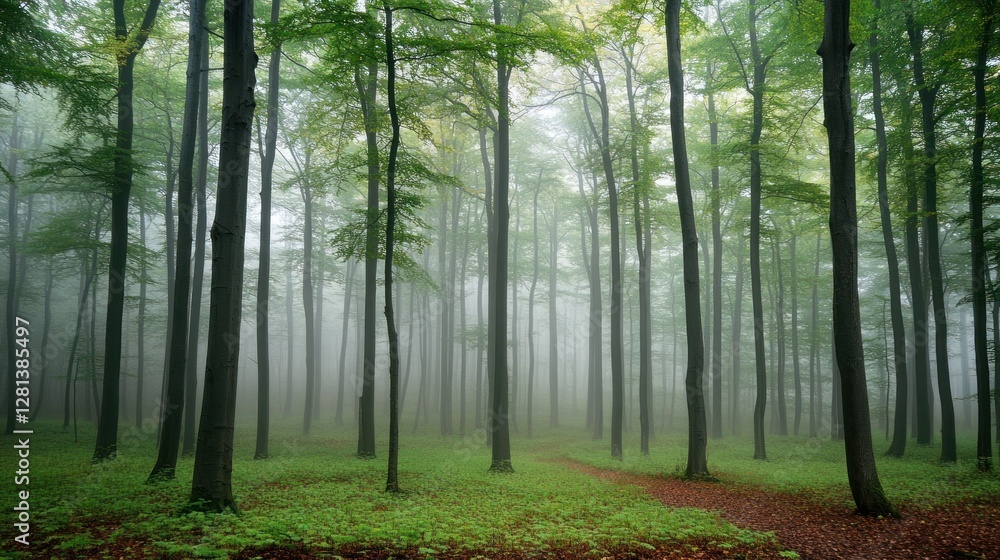Obraz premium Misty Forest Path Among Tall Trees