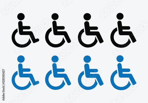 Man in Wheelchair Icon Set. Wheelchair User Icons Pack. Handicap Accessibility Icon Pack. Disabled Person Icons Collection.