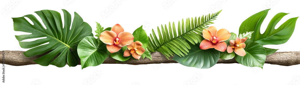 Fototapeta premium Tropical leaves and flowers arrangement, white isolate background