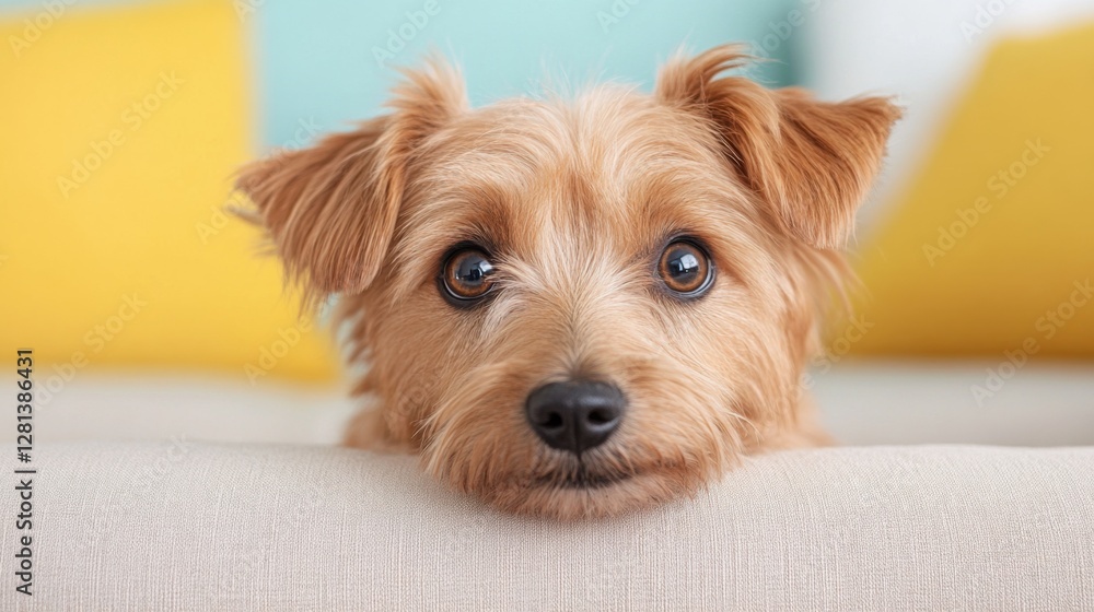 Playful dog posing on sofa cozy living room pet bright colorful environment close-up view adorable canine expressions for pet lovers Playful dog posing on sofa cozy living room pet bright colorful environment close-up view adorable canine expressions for pet lovers