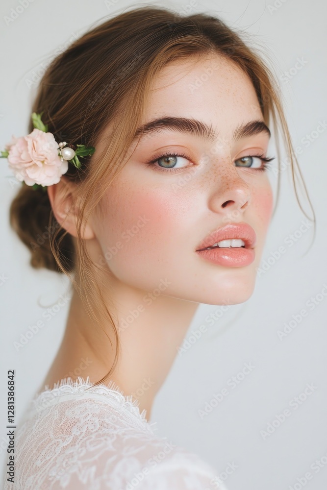 Elegant portrait featuring soft makeup and delicate floral accen Elegant portrait featuring soft makeup and delicate floral accen
