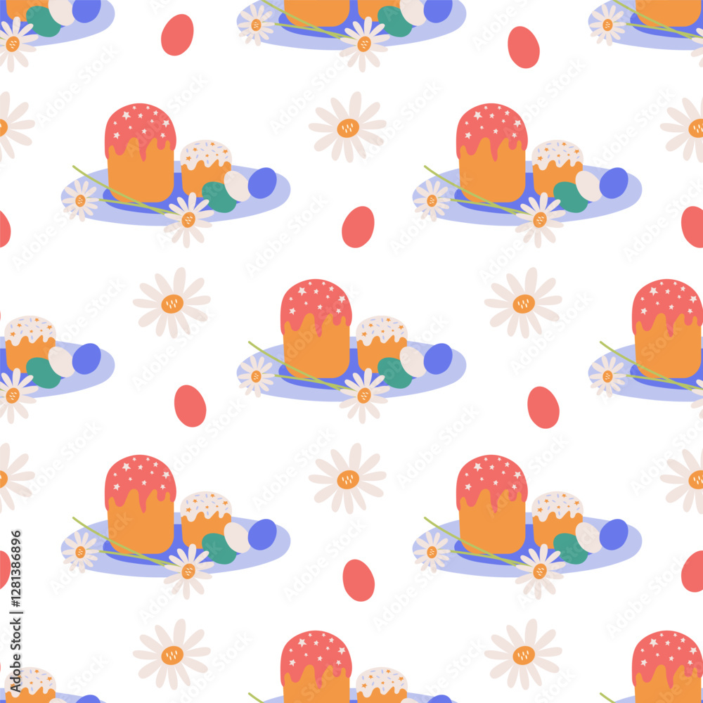 Seamless pattern with Easter symbols, Easter cake, on a platter, chamomile flowers and painted eggs in spring colors. For kitchen textiles, wrappers, and packaging. Seamless pattern with Easter symbols, Easter cake, on a platter, chamomile flowers and painted eggs in spring colors. For kitchen textiles, wrappers, and packaging.