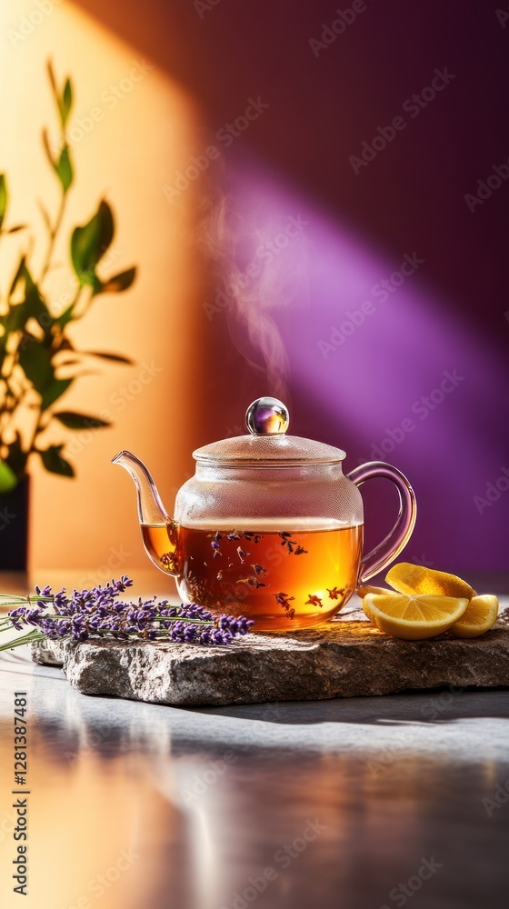 Fototapeta premium Exotic herbal calming tea with lavender flowers and lemon slices, hot unusual beverage, minimalistic style, food photography, AI generated