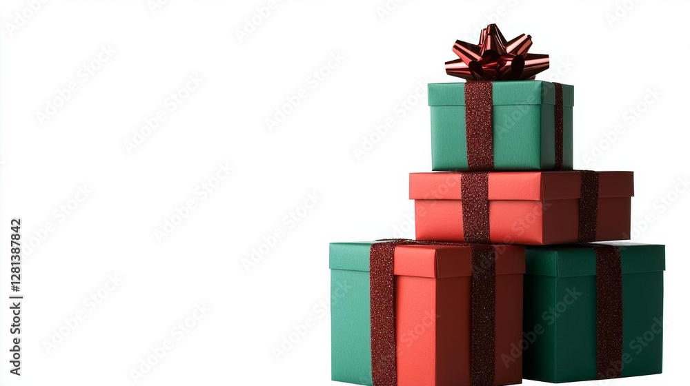 Obraz premium minimal photostock of a Different green and red christmas gift boxes stacked isolated on white background, PNG , isolated on white background, , copy space, copy space for text,