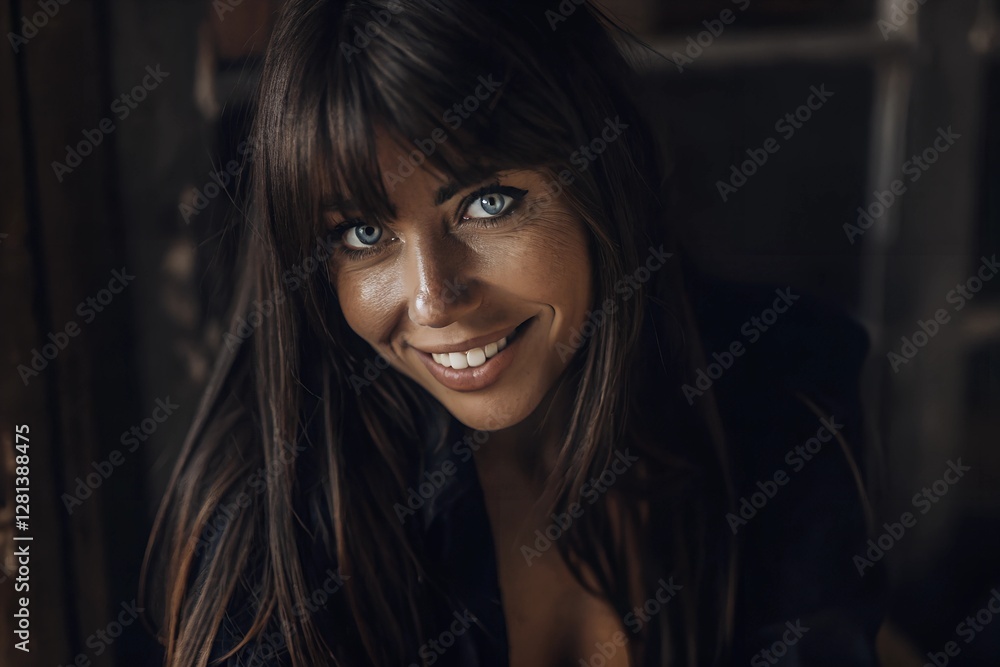 Portrait of a smiling young woman with blue eyes and long brown hair – Natural light and warm colors Portrait of a smiling young woman with blue eyes and long brown hair – Natural light and warm colors