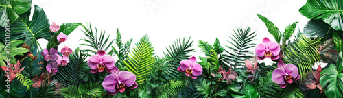 Vibrant orchids surrounded by lush green foliage