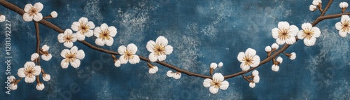 Intricate handstitched sashiko embroidery featuring cherry blossoms on indigodyed cotton photo