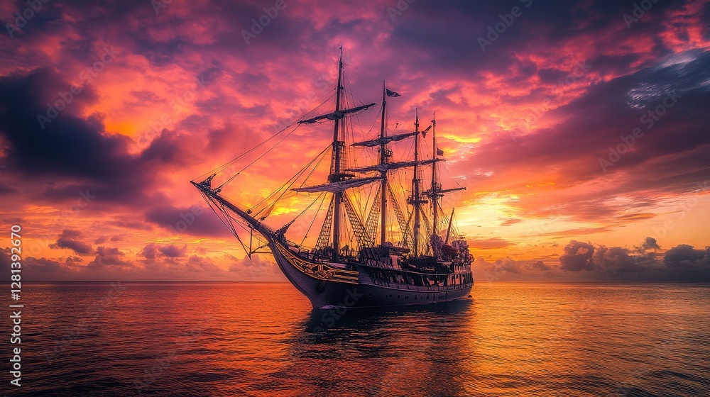 Fototapeta premium Majestic Tall Ship Sailing at Sunset Over Ocean Waters