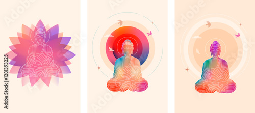 Buddha Purnima, Vesak Day concept design with Buddha and lotus illustration, abstract background, banner, poster and flyer with color gradient