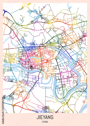 Jieyang China City Map, downtown tourism, house art travel, scenic metropolis concept, travel art city, patriotic abstract banner