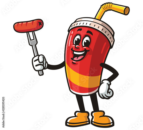 Soft drink cup character mascot cartoon holding sausage