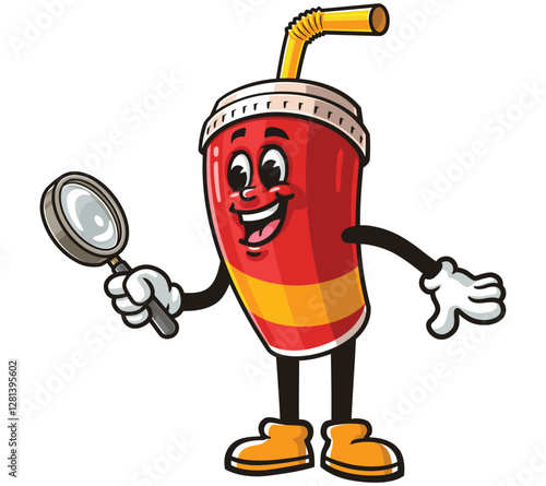 Soft drink cup character mascot cartoon holding a magnifying glass
