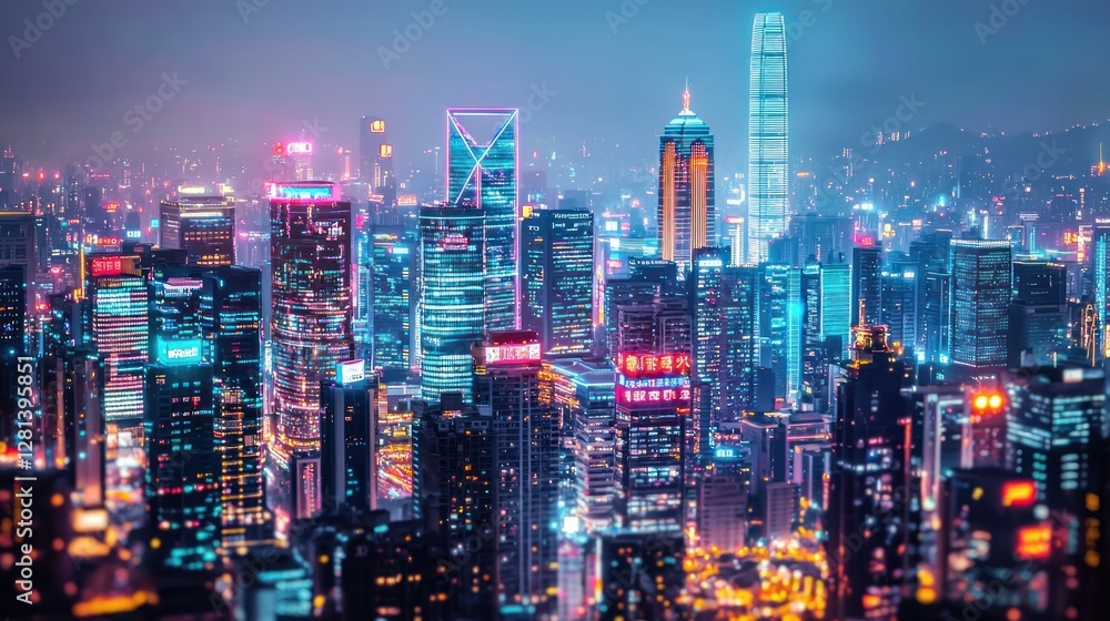 Fototapeta premium Neon Hong Kong Skyline at Night: A Dazzling Cityscape