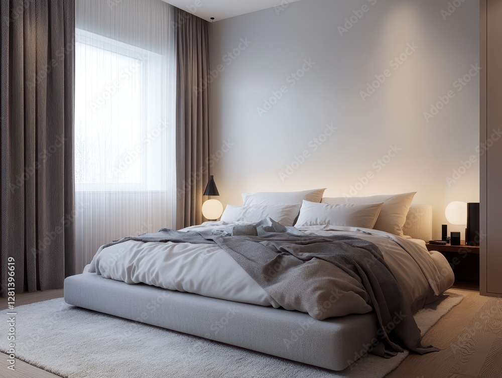 The bedroom showcases elegant minimalist design and elegant bedroom decor