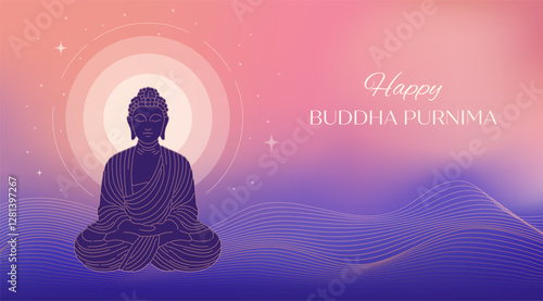 Buddha Purnima, Vesak Day concept design with Buddha and lotus illustration, abstract background, banner, poster and flyer with color gradient