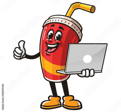 Soft drink cup character mascot cartoon holding a laptop