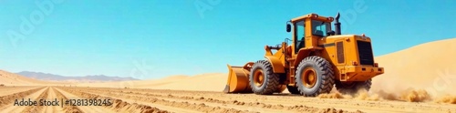 A large orange bulldozer dominates the empty sandy landscape under a bright blue sky, earthworks, landform
