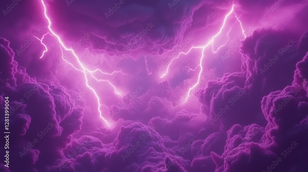 Naklejka premium Purple Clouds Illuminated by Vivid Lightning Strikes