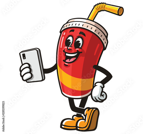 Soft drink cup character mascot cartoon holding gadget