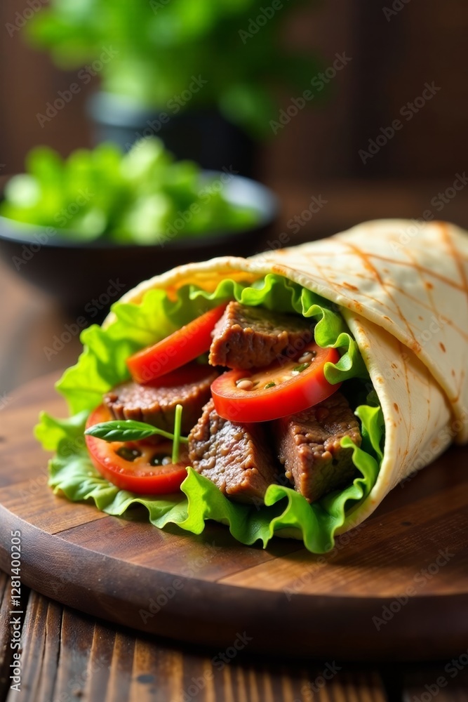 Beef and vegetable wrap on wooden table with natural light, food, foodie Beef and vegetable wrap on wooden table with natural light, food, foodie