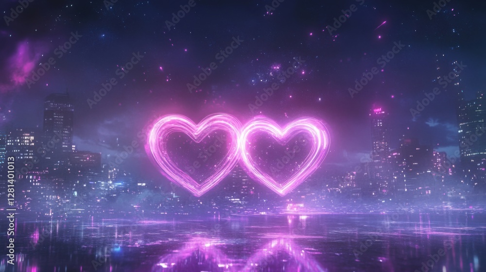 Neon Hearts in Urban Nightscape with Glittering Stars and Glow Effects Neon Hearts in Urban Nightscape with Glittering Stars and Glow Effects