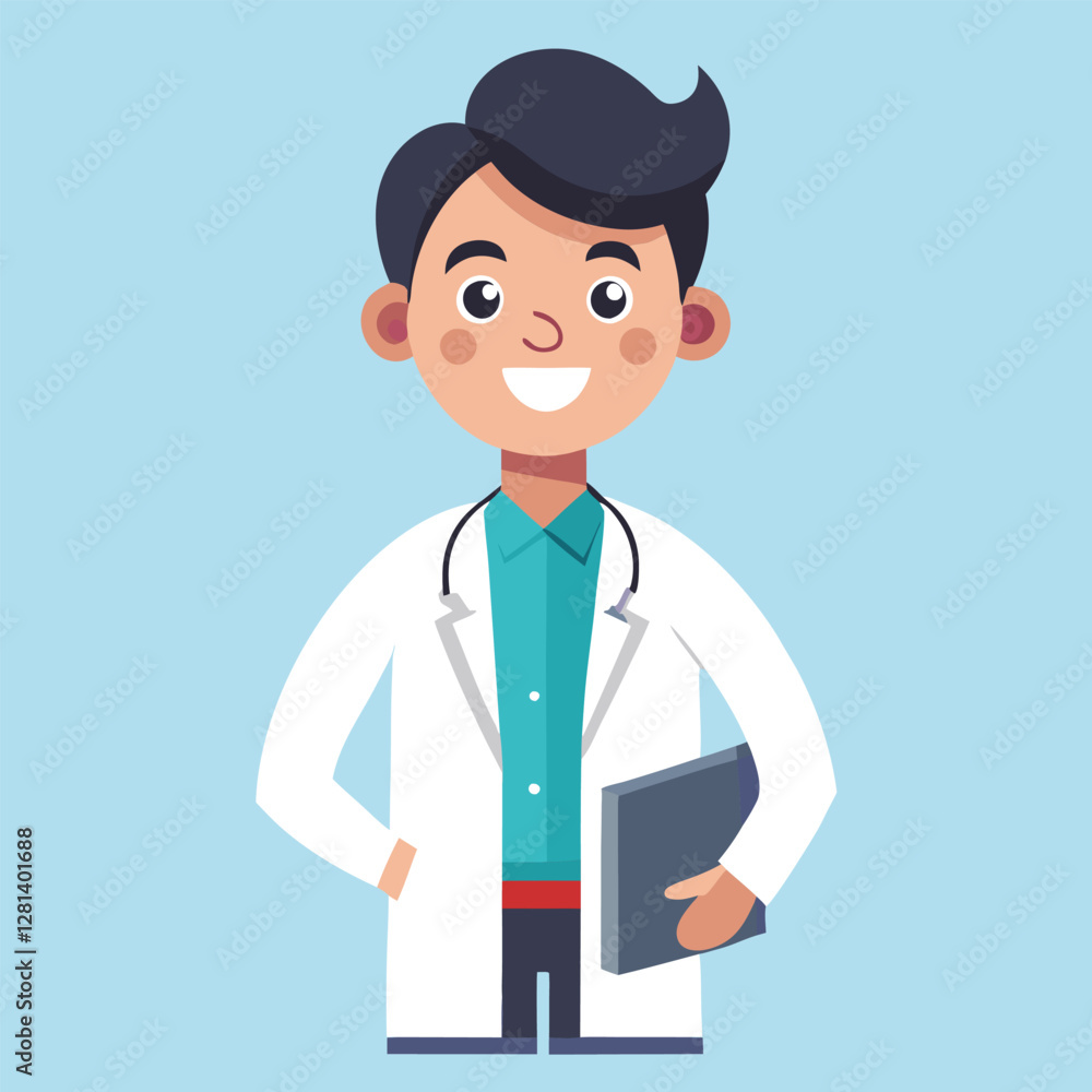Friendly doctor character holding stethoscope and medical records. Friendly doctor character holding stethoscope and medical records.