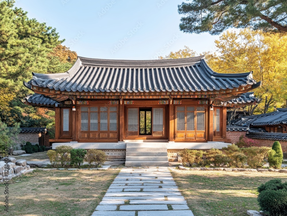 A traditional Korean building with a tiled roof and wooden facade A traditional Korean building with a tiled roof and wooden facade