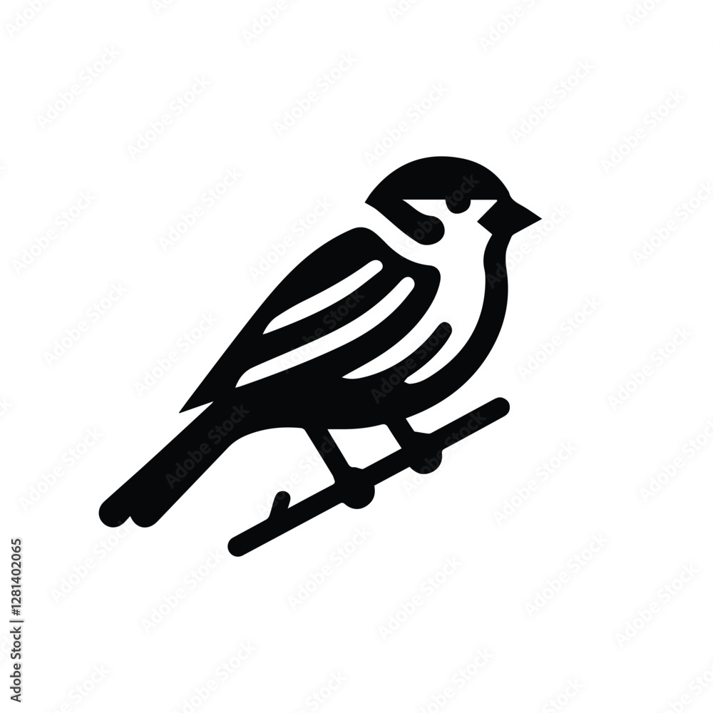 Fototapeta premium sparrow icon, bird on branch logo, isolated on transparent