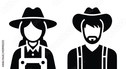 farmers, man and woman in hats, set of icons, isolated silhouettes on transparent background
