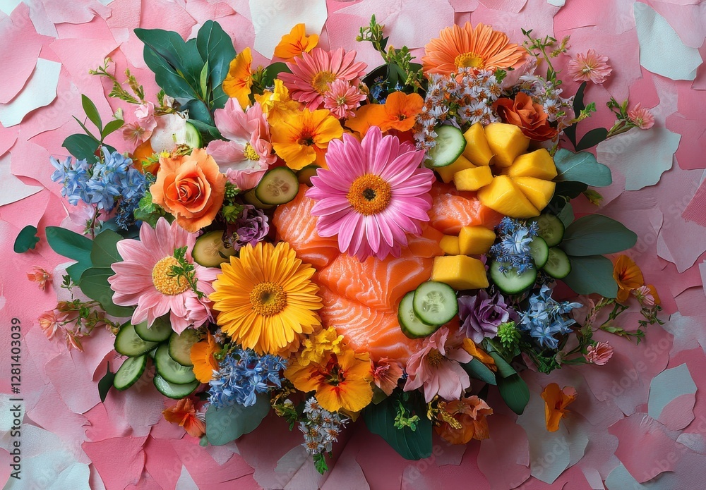 Obraz premium Vibrant Arrangement of Fresh Flowers and Fruits Over a Pink Background Featuring Colorful Blooms and Slices of Mango, Cucumber, and Salmon