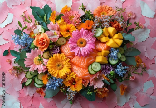 Wallpaper Mural Vibrant Arrangement of Fresh Flowers and Fruits Over a Pink Background Featuring Colorful Blooms and Slices of Mango, Cucumber, and Salmon Torontodigital.ca
