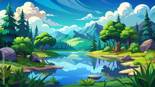 A tranquil lake surrounded by lush greenery, reflecting the blue sky and fluffy clouds. This digital art illustration captures the serene beauty of nature