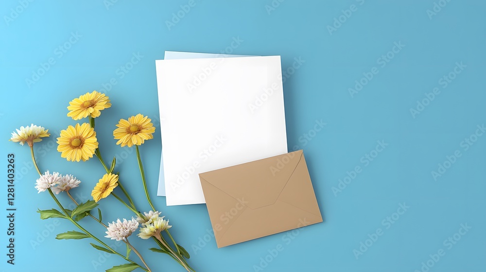 Blank Card Mockup with Yellow Flowers and Envelope Blank Card Mockup with Yellow Flowers and Envelope