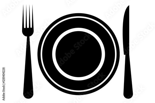 Fork, knife, spoon and plate set icons  Silhouette of cutlery vector illustration
