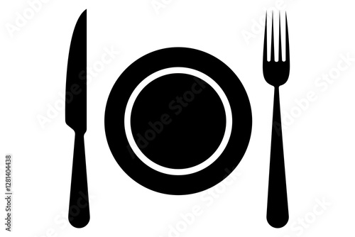 Fork, knife, spoon and plate set icons  Silhouette of cutlery vector illustration
