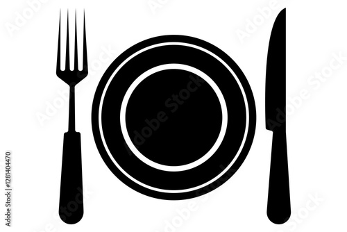 Fork, knife, spoon and plate set icons  Silhouette of cutlery vector illustration
