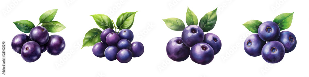 Fresh and Juicy Blueberries with Green Leaves on White Background Fresh and Juicy Blueberries with Green Leaves on White Background