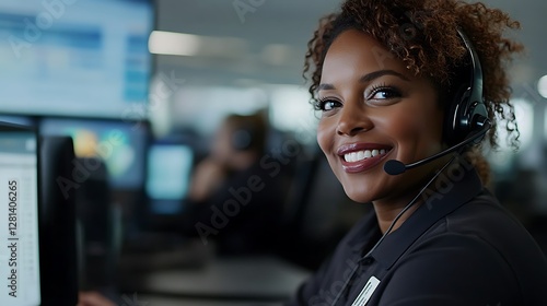 Smiling customer service representative wearing headset at work.