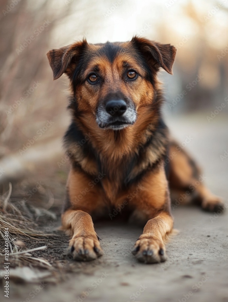 Dog lounging peacefully on a dirt path in a quiet outdoor setting during golden hour. Generative AI Dog lounging peacefully on a dirt path in a quiet outdoor setting during golden hour. Generative AI