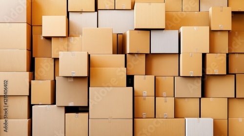 Organized Moving Boxes in Storage Unit - Neatly Packed Cardboard Boxes, High Resolution Stock Photo with Realistic Lighting and Sharp Focus Detail