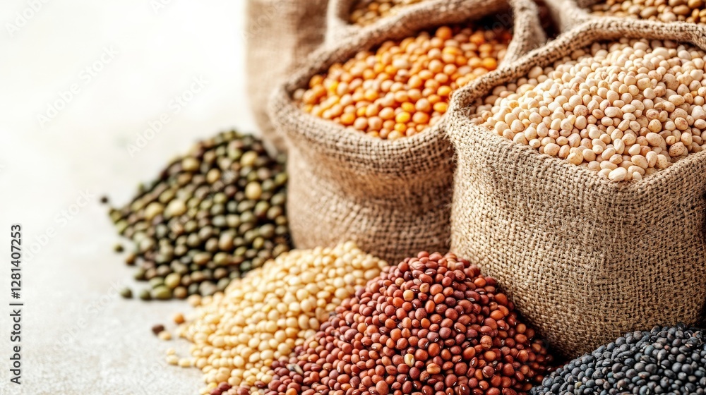 Fototapeta premium Whole Grains and Legumes in Sacks on a Bright Isolated Background