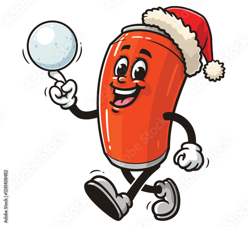 Soda Can character mascot cartoon playing snowballs and wearing a Christmas hat
