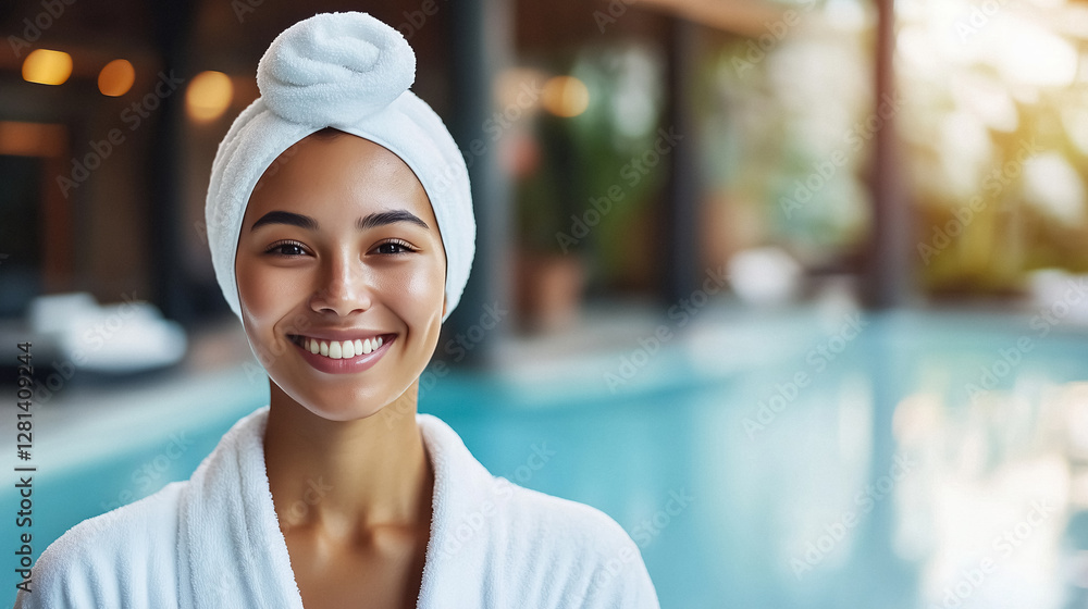 Smiling woman in robe with towel wrap by tranquil turquoise pool setting spa Radiating wellness Smiling woman in robe with towel wrap by tranquil turquoise pool setting spa Radiating wellness