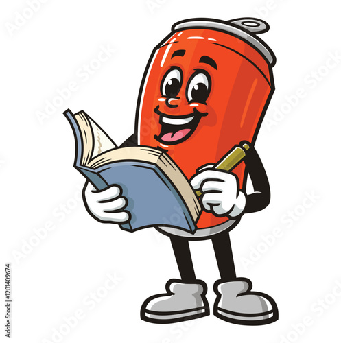 Soda Can character mascot cartoon with book