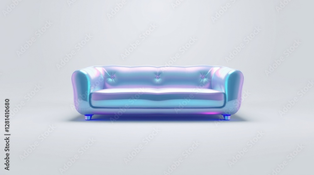 A unique holographic sofa with a sleek design is centered against a soft, bright background. The shimmering surface reflects light, creating an eye-catching appearance A unique holographic sofa with a sleek design is centered against a soft, bright background. The shimmering surface reflects light, creating an eye-catching appearance