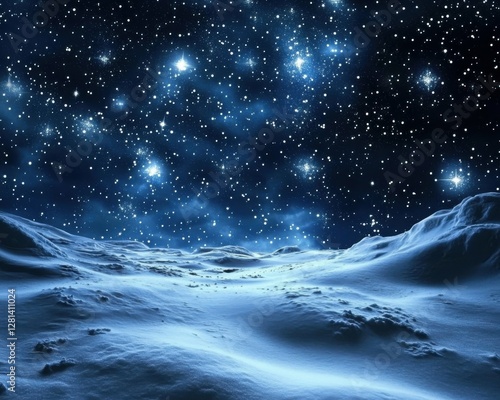 Snow Flurry. Abstract Night Sky with Stars and Snowflakes in Blue and Black Tones