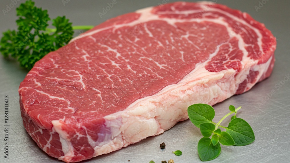 Fresh ribeye steak with parsley garnish Fresh ribeye steak with parsley garnish